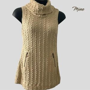 MINE Tan Beige Cable Knit Turtleneck Sleeveless Sweater Dress Top SZ Lg